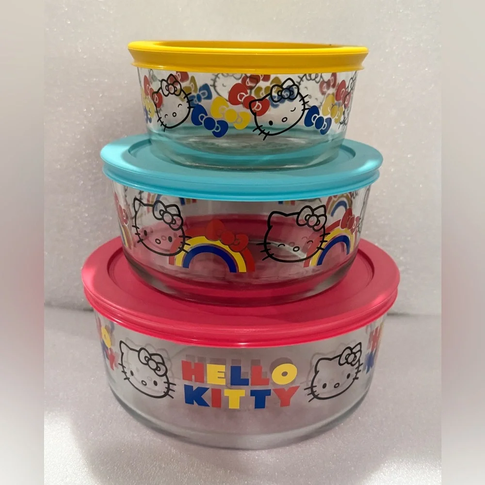 Pyrex® 3 piece Glass Storage Set: Hello Kitty®, Ribbons & Bows - NOS - Picture 1 of 6